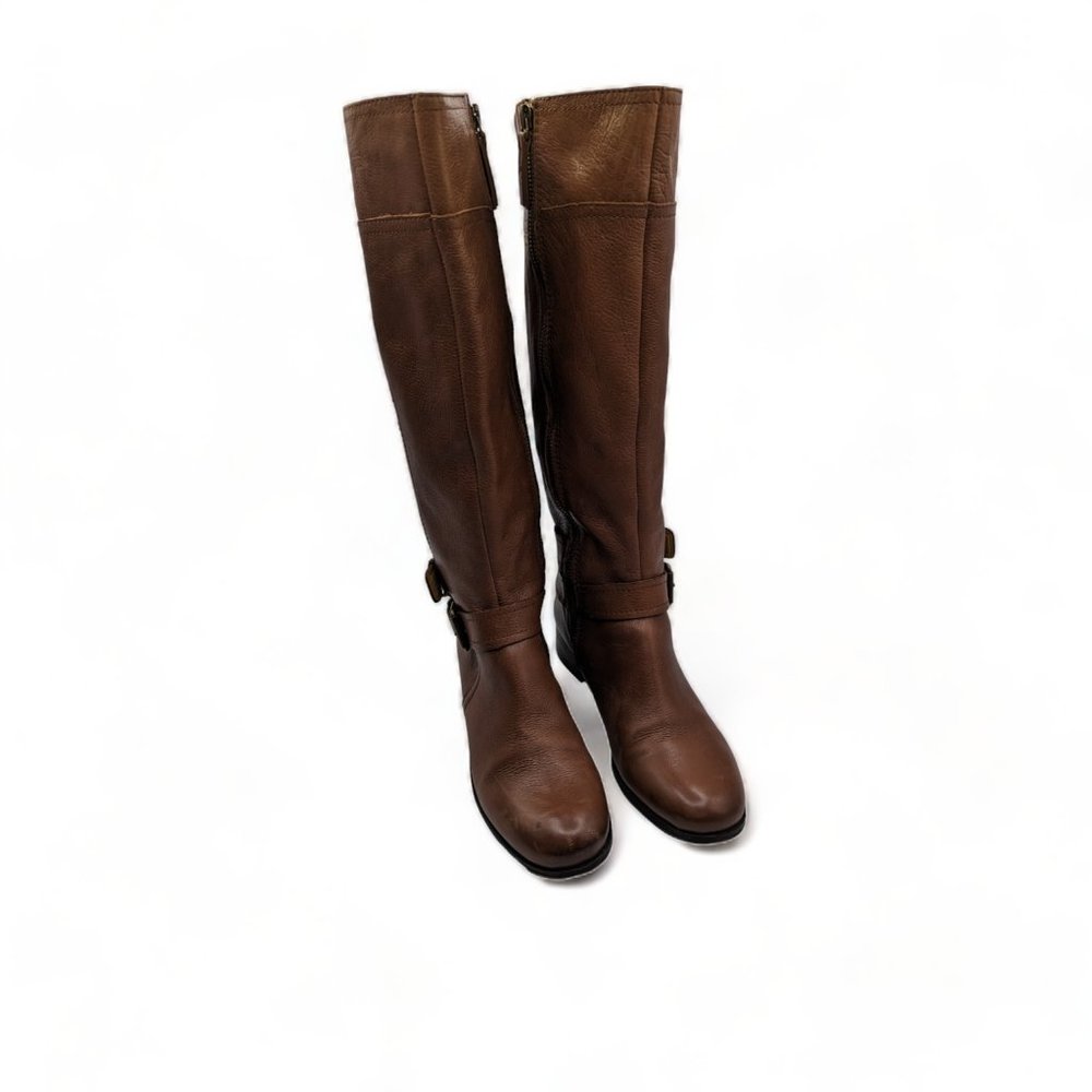 Nine West DK Natural Brown Pebble Leather Tall Full Zip Boots Shoes 6.5 - Picture 13 of 14